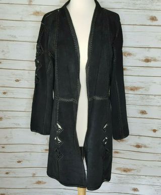 Vintage Black Suede Leather & Crochet Coat M Duster Jacket Boho Goth Hippie