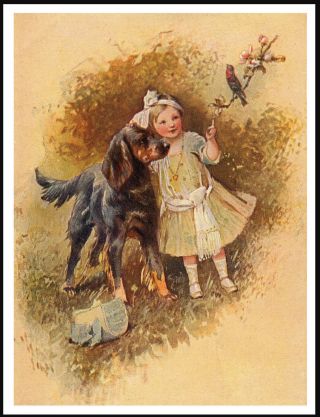 Gordon Setter And Little Girl Charming Vintage Style Dog Print Poster