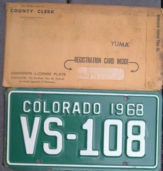 Vintage Colorado 1968 Motorcycle License Plate W Envelope Vs - 108 ^