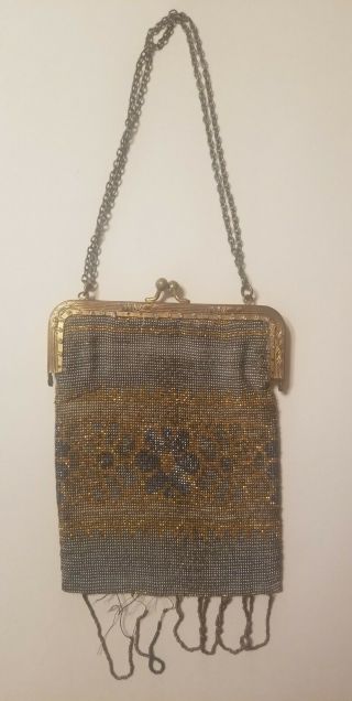 Antique French Steel Cut Beaded Art Deco Flapper Purse Gold & Silver