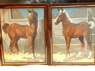 Vintage Completed Framed Paint By Numbers Picture Set - Horses