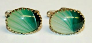 Vintage Estate Green And White Striped Oval Cufflinks Gold Tone Art Glass Men 