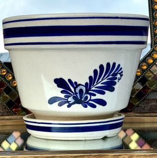 Vintage Cobalt Blue & White Ceramic Planter Pot W/tray Saucer Handpainted Delft?