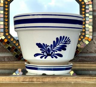 Vintage Cobalt Blue & White Ceramic Planter Pot w/Tray Saucer Handpainted Delft? 2