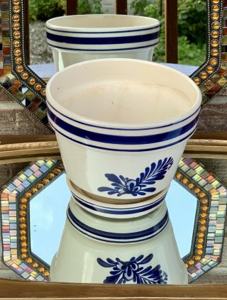 Vintage Cobalt Blue & White Ceramic Planter Pot w/Tray Saucer Handpainted Delft? 3