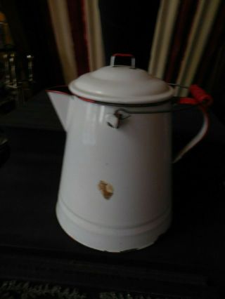 Vintage Enamel Ware White & Red Cowboy Coffee Pot Wooden Handle 13 " Tall