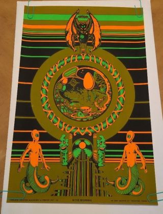 In The Beginning Vintage Houston Blacklight Poster Psychedelic Pin - Up Day Glow
