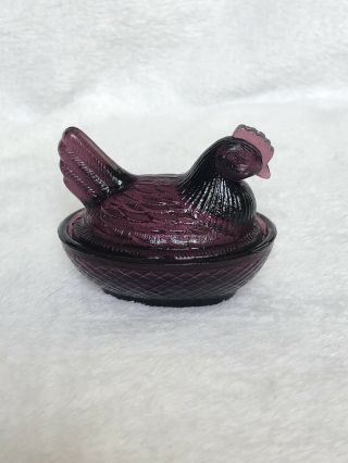 Vintage Hen On Nest Salt Cellar Covered Dish Purple Glass 2.  5”x3.  5” Taiwan