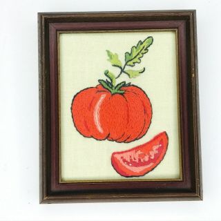 Vintage Embroidered Crewel Yarn Art Tomato Vegetable Fruit Picture Wood Frame