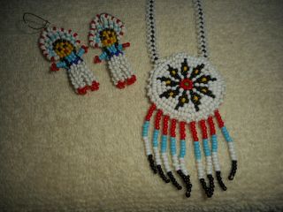 Vintage Seed Bead Necklace & Earrings Set Native American Indian Chief Maiden
