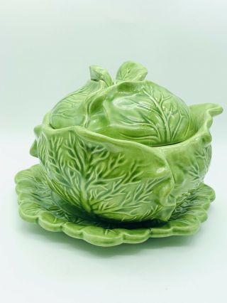 Vintage Holland Mold Cabbage Lettuce Bowl & Lid With Serving Plate Green Signed