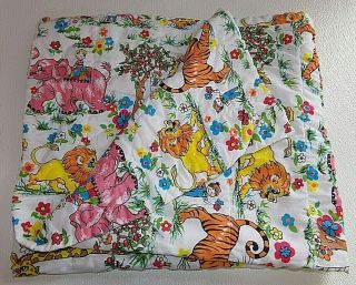 Vintage Baby Blanket Quilt Elephant Giraffe Tiger Lion Flowers Boy Girl 42x34 In