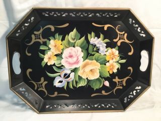 Vintage Pilgrim Art Toleware Floral Roses Black Hand Painted Serving Tray