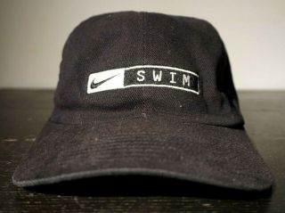 Vintage Nike Swim Snapback Dad Hat Cap Swoosh Block Logo Black 90s