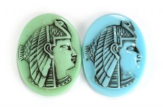 2 Vintage Egyptian Style Glass Pendants Parts For Jewelry Making - Pharaoh 1960s
