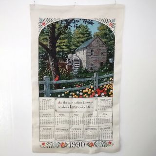 Vintage 1990 Linen Calendar Kitchen Tea Towel Love Colors Life Water Wheel