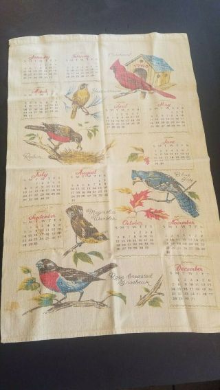 1969 Linen Calendar Kitchen Tea Towel Robin Grosbeak Blue Jay Birds Vintage