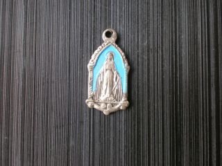 Vintage Italy Sterling Silver 1830 Mary Pray For Us Medal Necklace Blue Pendant