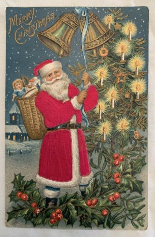 Vintage Merry Christmas Embossed Santa Claus Ringing Bells Postcard