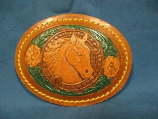 Vintage Western Leather Belt Buckle Horse Head Hand Tooled Oval Cowboy Western