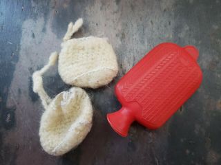 Vintage Hot Water Bottle For Dolls - - 3.  5 " By 1.  25 " & Hand Knit Booties