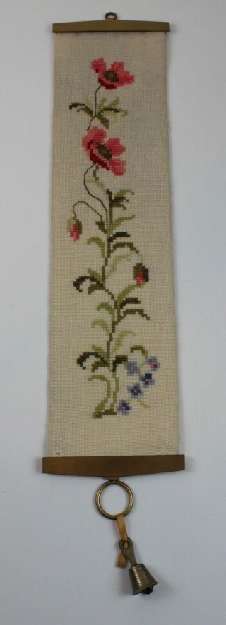 Vintage Needlepoint Embroidery Tapestry Bell Pull Wall Hanging Decor Floral