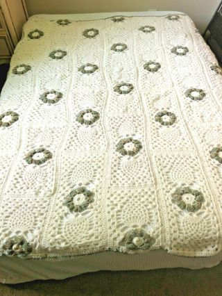 Vintage Crochet Blanket Afghan Cream Color Background Green/brown Large 74 " X 65 "