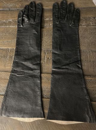 Ladies Vintage Long Leather Gloves Black France Real Kid Size 6 Famous Barr