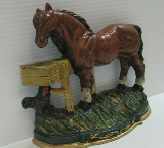 Painted Vintage Cast Iron Horse Clydesdale Chicken Door Stop Western Water Hole
