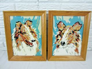 Set Of 2 Vintage Paint By Number Wood Framed Lassie Collie Shepard Dogs 11 X 14”