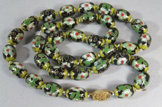 Vintage Cloisonne Beaded Necklace 22 " Flowers Green Tones