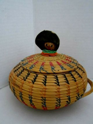 Native American Sweetgrass Palmetto Bowl Basket Lidded With Doll Head Seminole