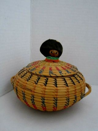 Native American Sweetgrass Palmetto bowl basket lidded with Doll head Seminole 2