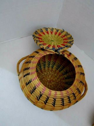 Native American Sweetgrass Palmetto bowl basket lidded with Doll head Seminole 3