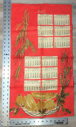1963 Calendar Vintage Linen Tea Towel By Vera,  Red And Brown,  Fruit Bowl Wheat