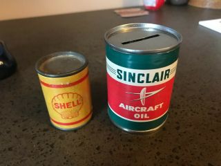 Vintage Sinclair Aircraft Oil Can Coin Bank & Shell Aircraft Oil Mini Can