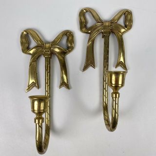 Vintage Set Of 2 Ribbon Bow 8 " Candle Brass Wall Sconce Candlestick Holder Pair