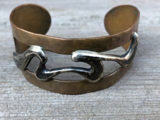 Vtg Mixed Metals Hammered Copper Cuff Bracelet Modernist