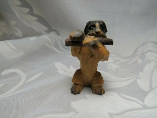 Vintage Miniature Carved Wooden Musician Dog Playing Flute Figurine Glass Eyes