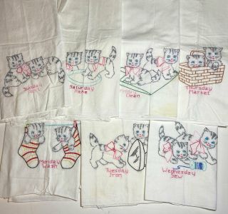 7 Vintage Hand Embroidered Flour Sack Kittens Cats Days Of The Week Towels
