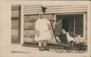 Children Rppc Girl Pushing Stroller With Baby Dolls Real Photo Post Card Vintage