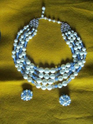 Vtg Glass 4 Strand Blue White Pearl Bead Necklace Cluster Clip Earring Set Japan