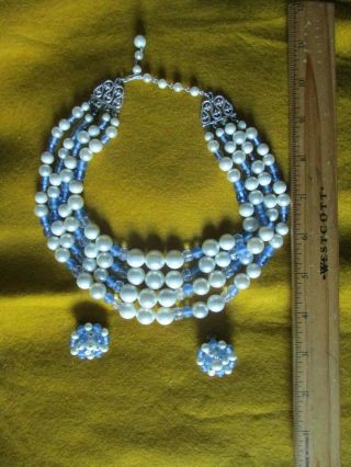 VTG Glass 4 strand Blue White Pearl Bead Necklace Cluster Clip Earring Set Japan 2