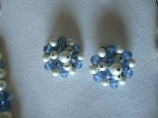 VTG Glass 4 strand Blue White Pearl Bead Necklace Cluster Clip Earring Set Japan 3