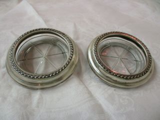 Vintage Wallace Pair Sterling Silver Coasters With Glass Centers Rope Rim 58