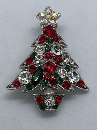 Dazzling Vintage Silvertone Multicolor Rhinestone Christmas Tree Pin Brooch