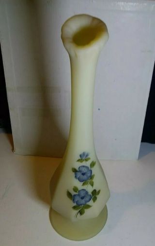 Vintage Hand Painted Signed Fenton Custard Glass Swung Vase With Blue Flowers