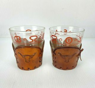 Two Vintage Bamco Libbey Cocktail Glasses In Tooled Leather Wraps