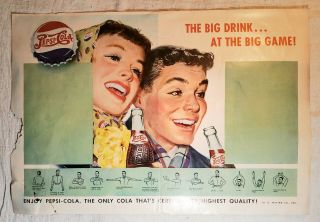 Vintage 1940s Pepsi Cola The Big Drink At The Big Game Paper Football Ad Poster