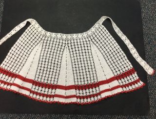Vintage 1/2 Apron Hand Crochet Red White Cotton Washable
